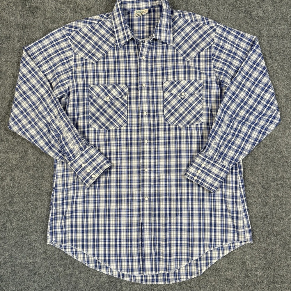 🤠 Vintage Saddlebrook Western Shirt Mens Large Blue Plaid Pearl Snap USA Made